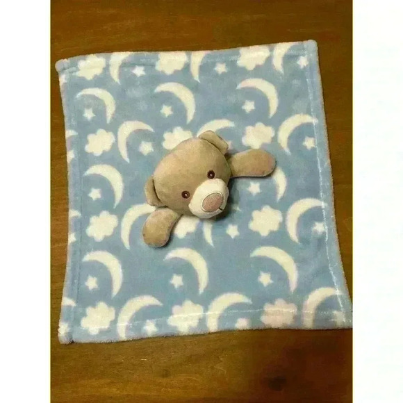 Light Blue Moon Stars Baby Lovey Brown Bear Plush Security Blanket 15 inch - Picture 2 of 6